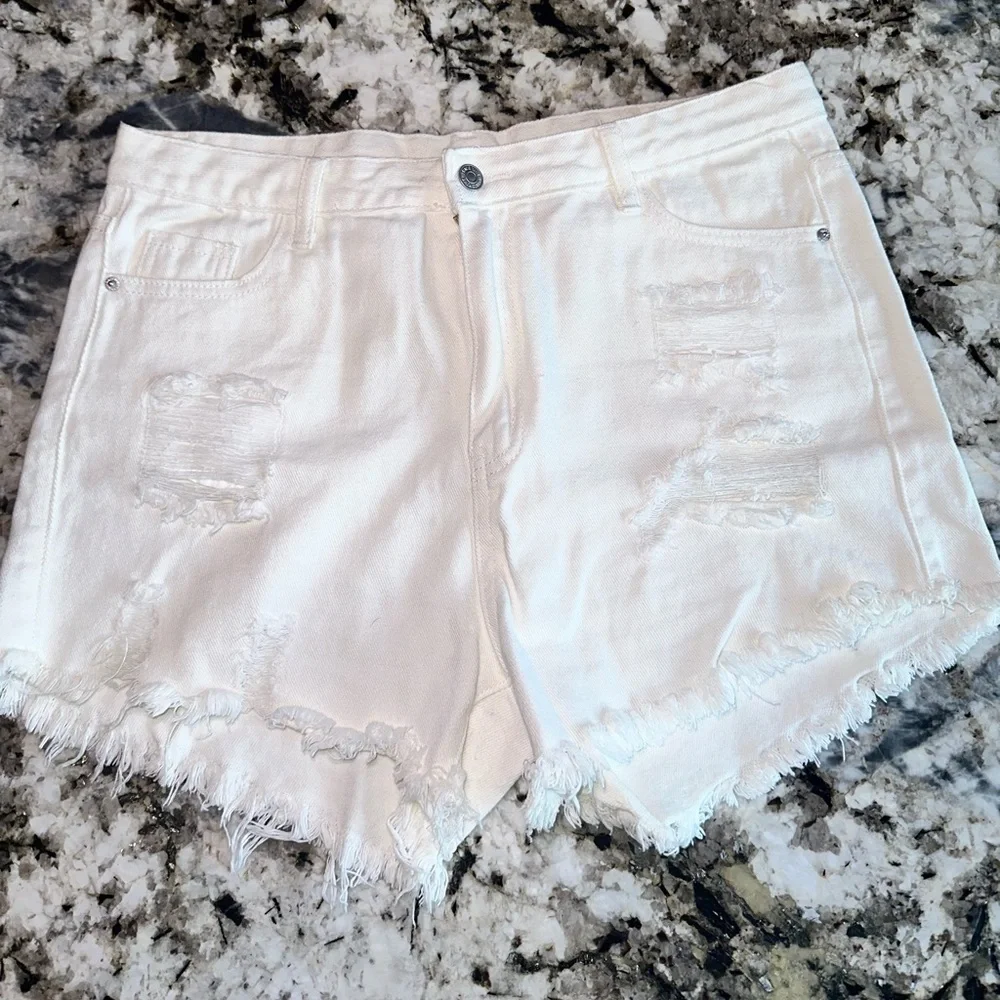 SHEIN White Distressed Denim Shorts